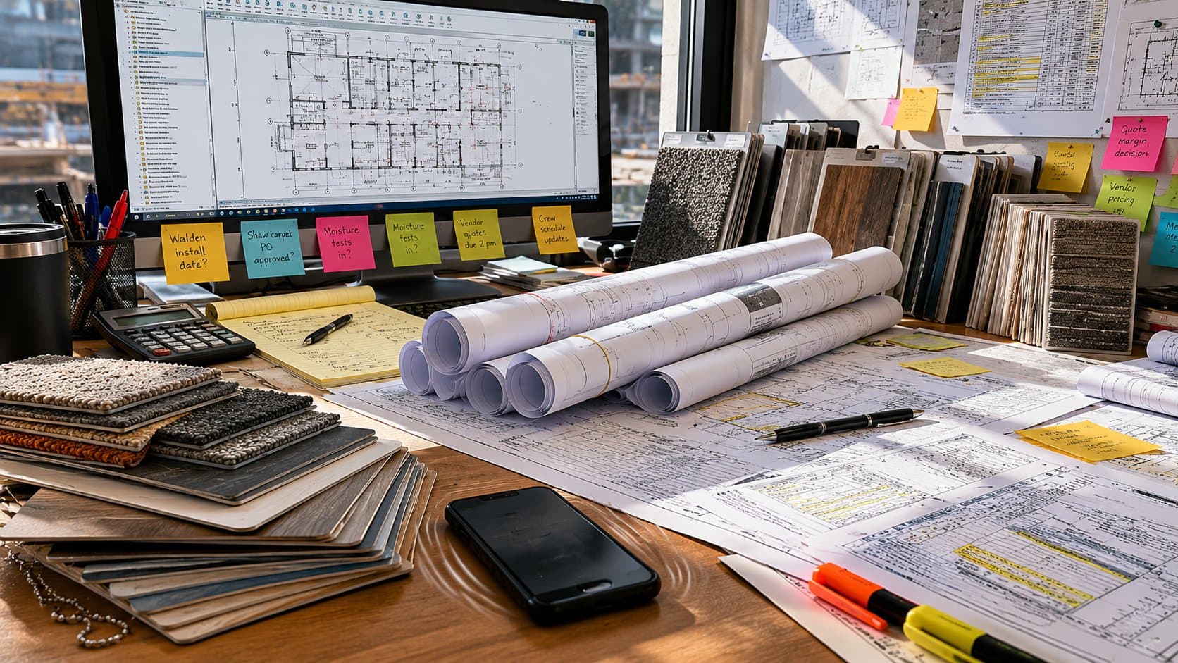 Estimator's desk mid-day — rolled commercial plans, takeoff sheets, fan-decks of carpet tile and LVT samples, phone face-down ringing.